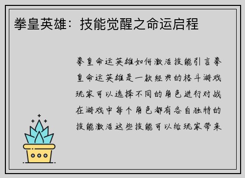 拳皇英雄：技能觉醒之命运启程