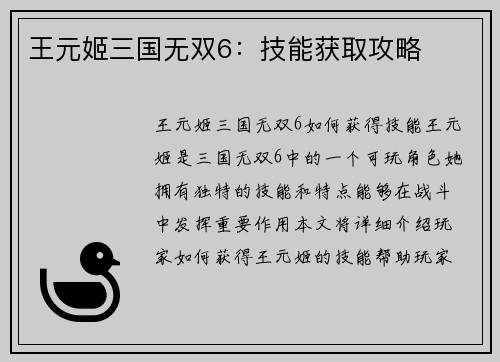 王元姬三国无双6:技能获取攻略